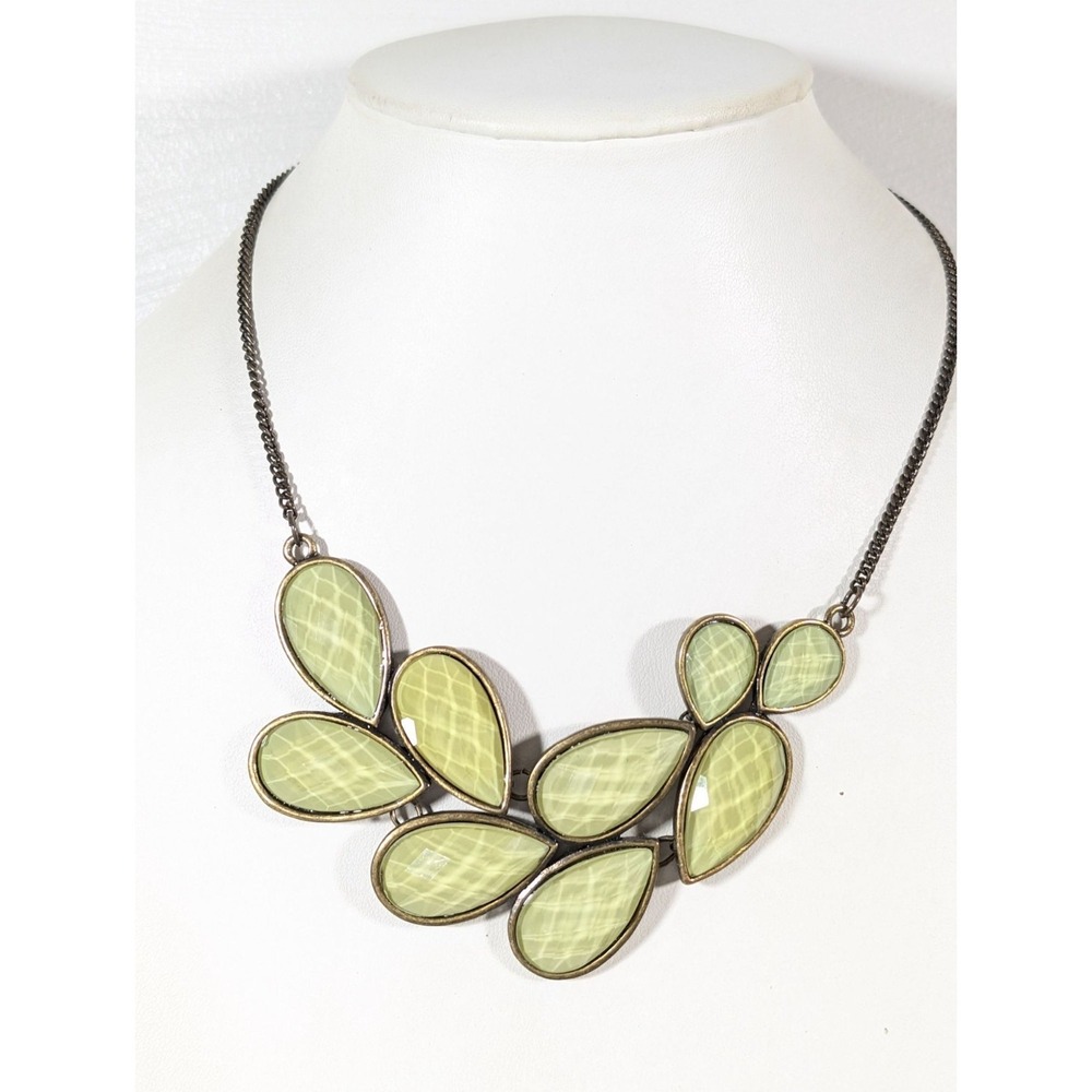 Boho Bronze Tone Green Faceted Teardrop Leaf Statement Necklace‎ 18"